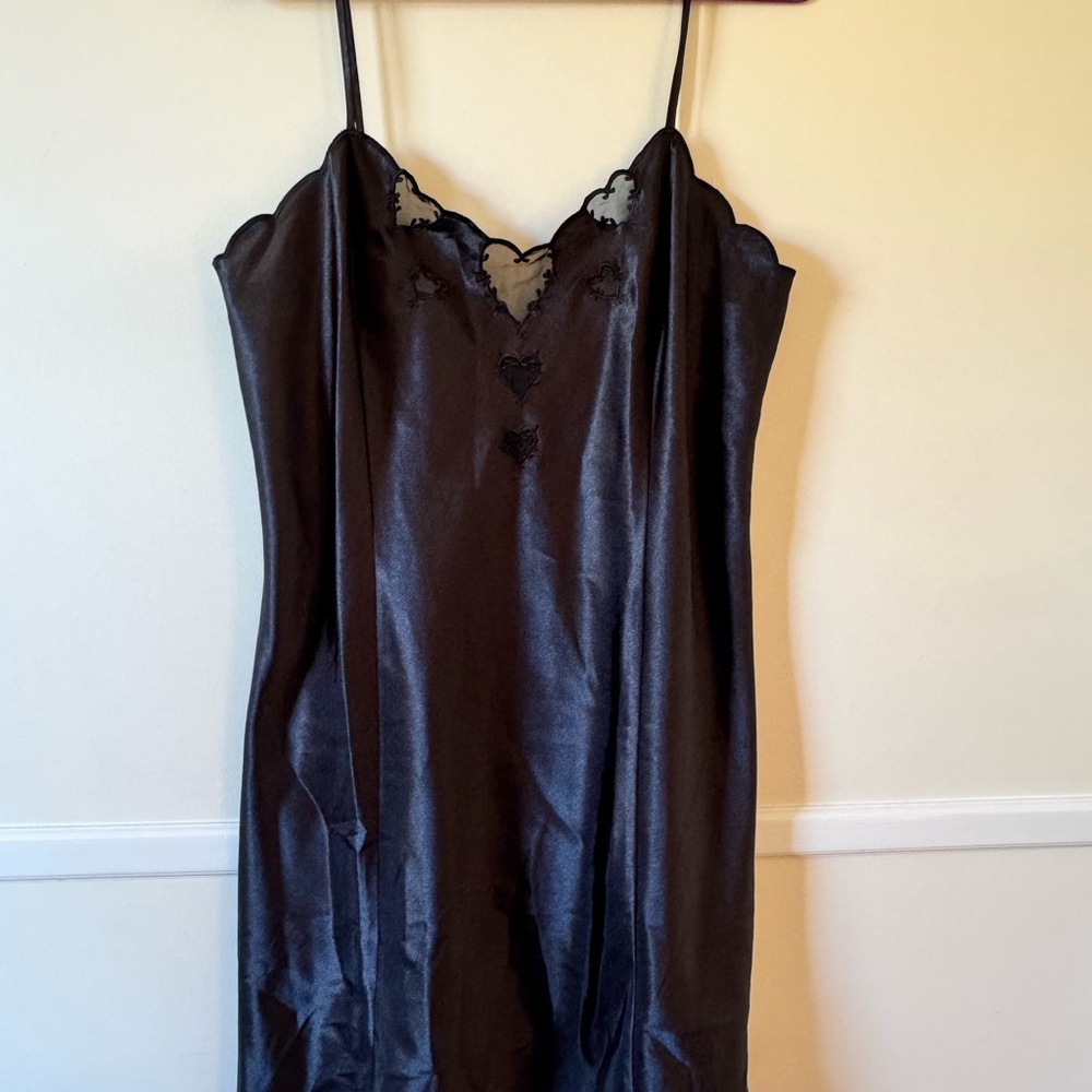 Valerie Stevens Black Satin Chemise with Lace Trim